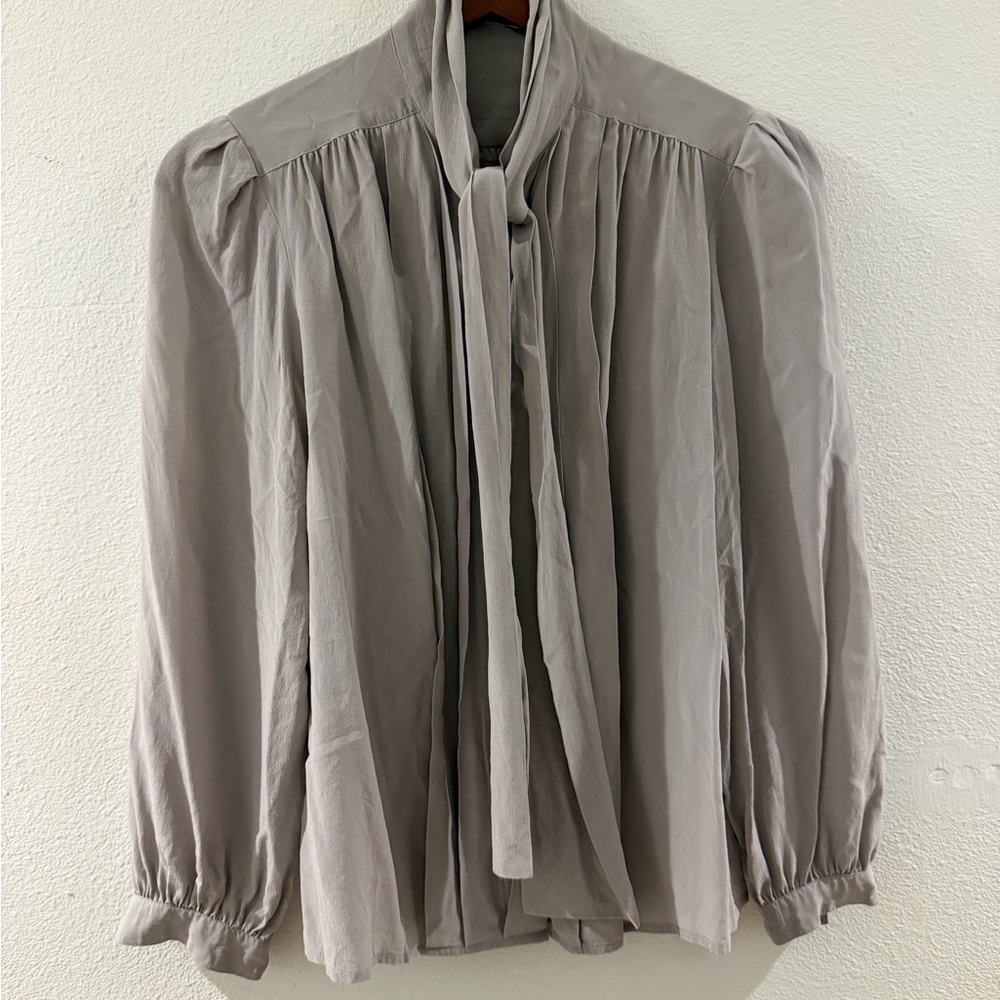Vintage Silk Gray Blouse with Tie Neck